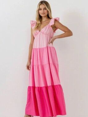 English Factory | Size L | Sweetheart Tiered Maxi Dress in Pink